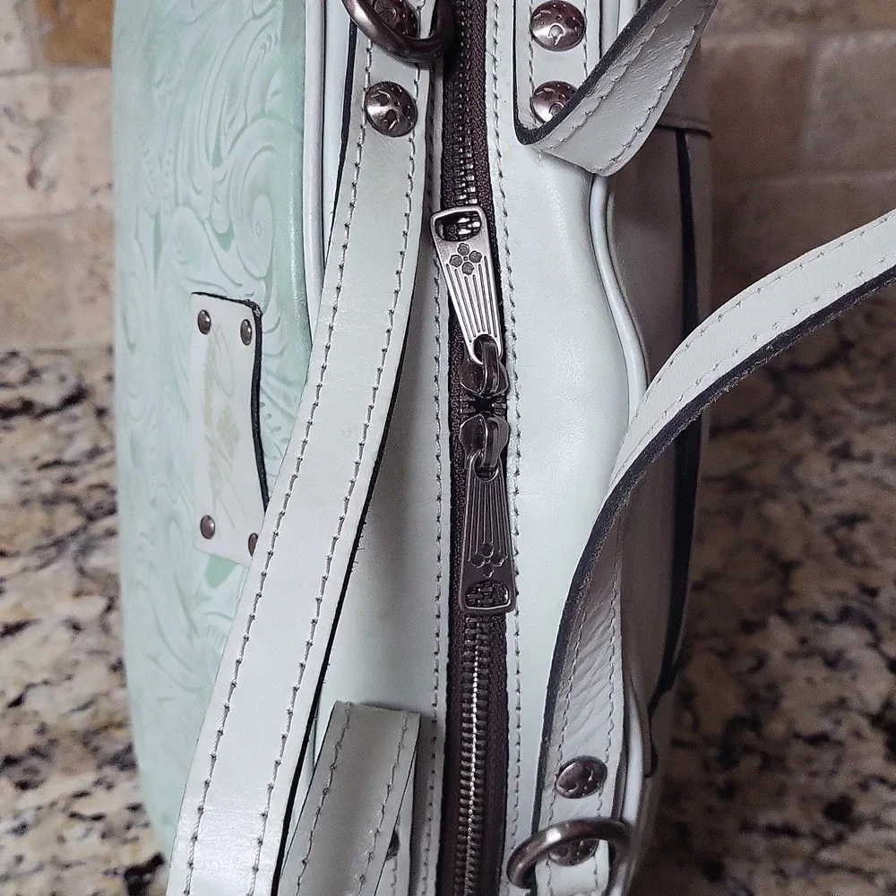 Patricia Nash Fiora Satchel White Waxed Tooled